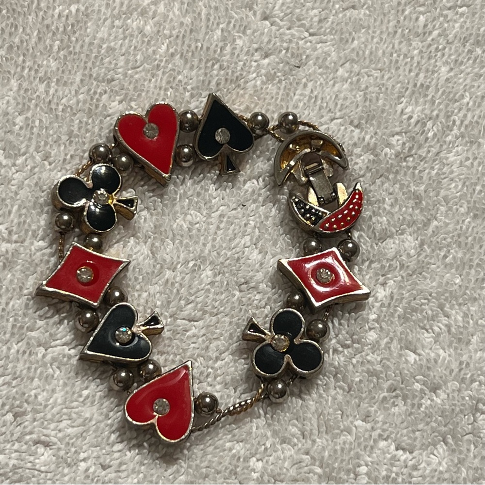 New Playing Card Charm Bracelet - Red and Black Enamel